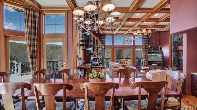 Chandelier, Dining room, Interior, Living room, Recessed Lighting, Wooden Beams, Wood Texture Flooring