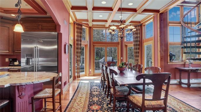 Chandelier, Dining room, Interior, Kitchen, Pendant Lights, Recessed Lighting, Stainless Steel Appliances, Wooden Beams, Wood Texture Flooring