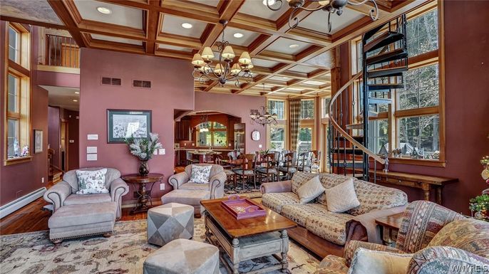 Chandelier, Dining room, Interior, Living room, Recessed Lighting, Wooden Beams, Wood Texture Flooring
