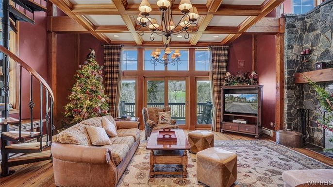 Chandelier, Fireplace, Interior, Living room, Recessed Lighting, Wooden Beams, Wood Texture Flooring