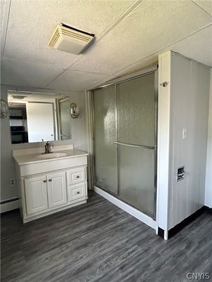 Bathroom, Glass Shower, Interior, Wood Texture Flooring