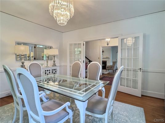 Chandelier, Dining room, Interior, Wood Texture Flooring