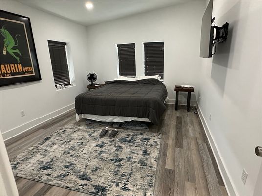Bedroom, Interior, Recessed Lighting, Wood Texture Flooring