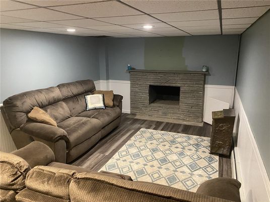 Fireplace, Interior, Living room, Recessed Lighting, Wood Texture Flooring