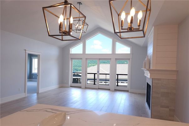 Fireplace, Interior, Pendant Lights, Wood Texture Flooring