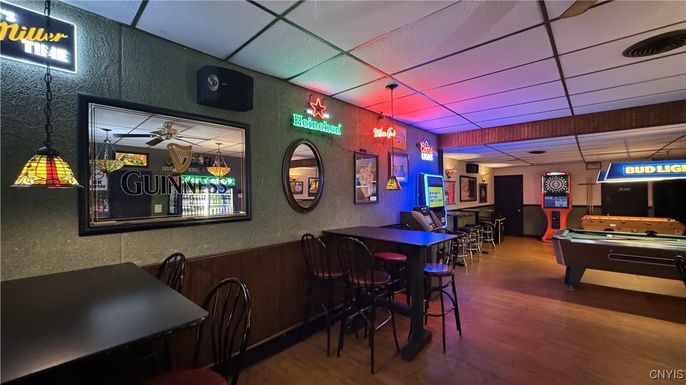 Billiard Table, Dining room, Game Room, Interior, Pendant Lights, Wood Texture Flooring