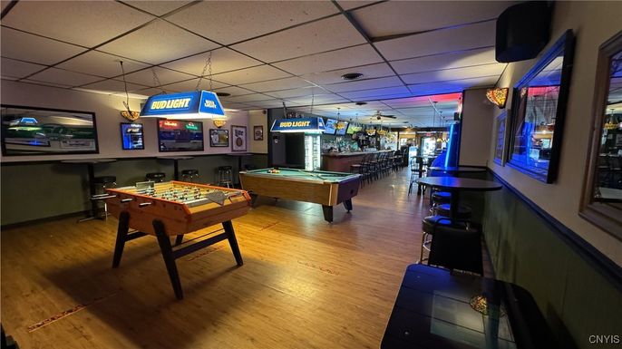 Billiard Table, Game Room, Interior, Pendant Lights, Wood Texture Flooring