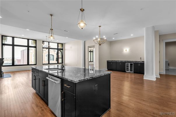Chandelier, Interior, Kitchen, Pendant Lights, Recessed Lighting, Wood Texture Flooring