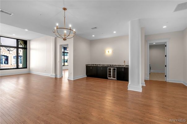 Chandelier, Empty room, Interior, Recessed Lighting, Wood Texture Flooring