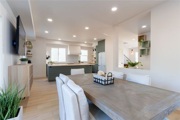 Dining room, Interior, Kitchen, Recessed Lighting, Wood Texture Flooring