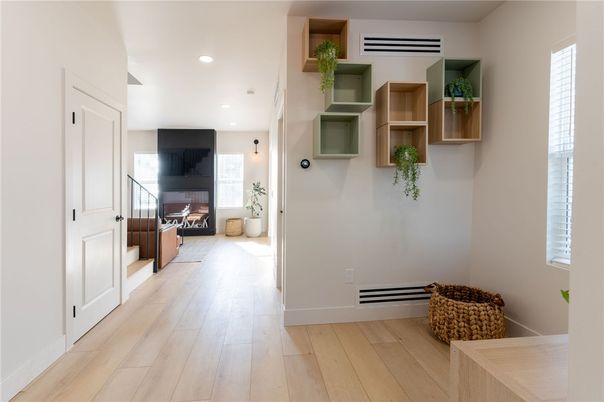 Fireplace, Interior, Recessed Lighting, Wood Texture Flooring