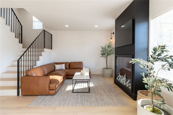 Fireplace, Interior, Living room, Recessed Lighting, Wood Texture Flooring