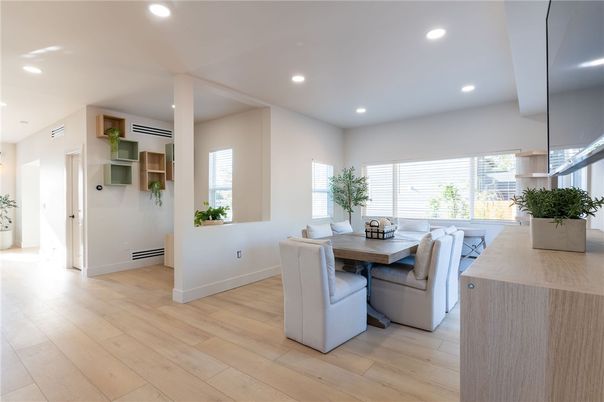 Dining room, Interior, Recessed Lighting, Wood Texture Flooring