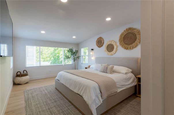 Bedroom, Interior, Recessed Lighting, Wood Texture Flooring