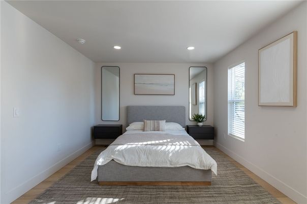 Bedroom, Interior, Recessed Lighting, Wood Texture Flooring