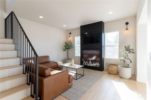 Fireplace, Interior, Living room, Pendant Lights, Recessed Lighting, Wood Texture Flooring