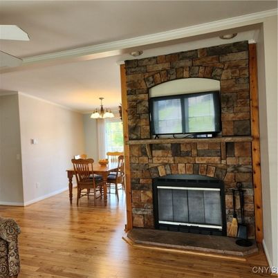 Dining room, Fireplace, Interior, Stone Walls, Wood Texture Flooring