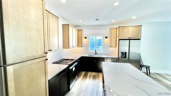 Interior, Kitchen, Recessed Lighting, Stainless Steel Appliances, Wood Texture Flooring