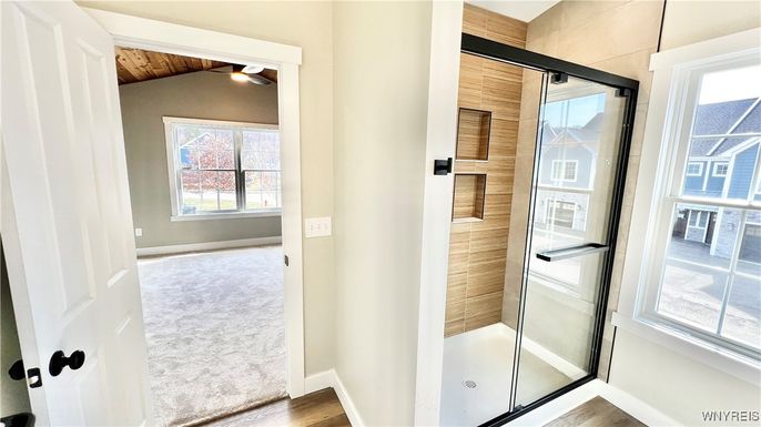 Bathroom, Glass Shower, Interior, Wooden Ceilings, Wood Texture Flooring
