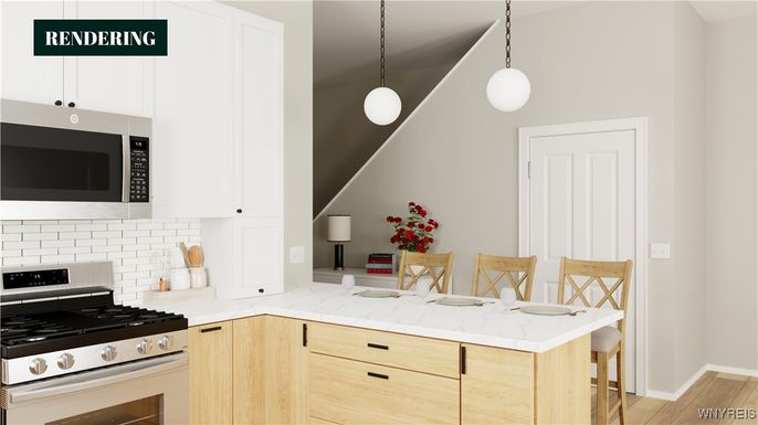 Interior, Kitchen, Pendant Lights, Stainless Steel Appliances, Wood Texture Flooring