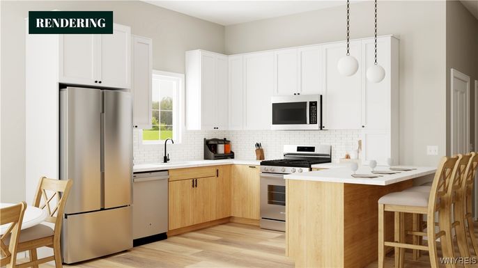 Interior, Kitchen, Pendant Lights, Stainless Steel Appliances, Wood Texture Flooring