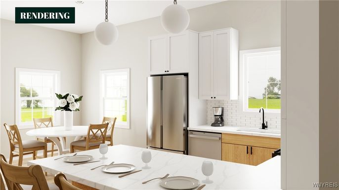 Dining room, Interior, Kitchen, Pendant Lights, Stainless Steel Appliances