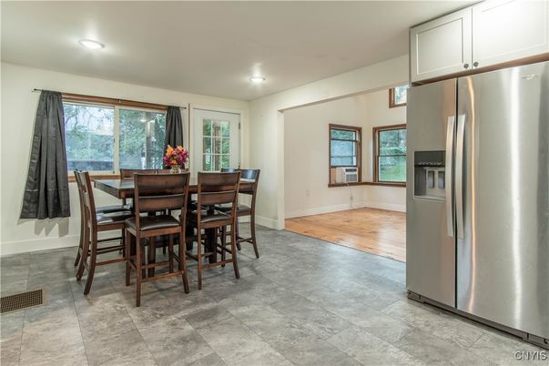 Dining room, Interior, Recessed Lighting, Wood Texture Flooring