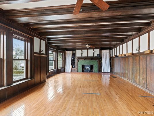 Empty room, Fireplace, Interior, Wooden Beams, Wood Texture Flooring