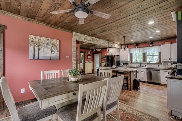 Dining room, Interior, Kitchen, Pendant Lights, Recessed Lighting, Stainless Steel Appliances, Wooden Ceilings, Wood Texture Flooring