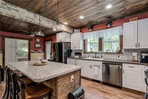 Interior, Kitchen, Recessed Lighting, Stainless Steel Appliances, Wooden Ceilings, Wood Texture Flooring