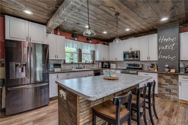 Interior, Kitchen, Pendant Lights, Recessed Lighting, Stainless Steel Appliances, Wooden Ceilings, Wood Texture Flooring