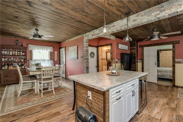 Dining room, Interior, Kitchen, Pendant Lights, Wooden Ceilings, Wood Texture Flooring