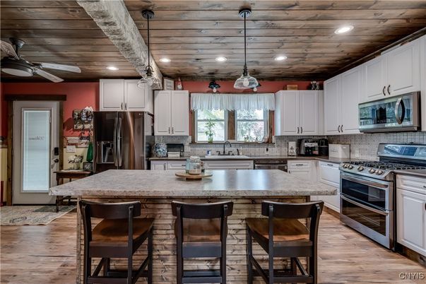 Interior, Kitchen, Pendant Lights, Recessed Lighting, Stainless Steel Appliances, Wooden Ceilings, Wood Texture Flooring