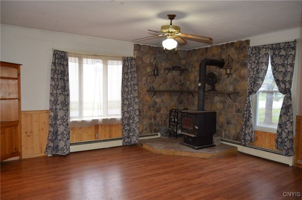 Empty room, Fireplace, Interior, Stone Walls, Wood Texture Flooring