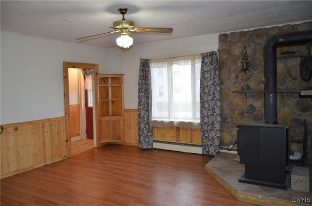 Empty room, Fireplace, Interior, Stone Walls, Wood Texture Flooring