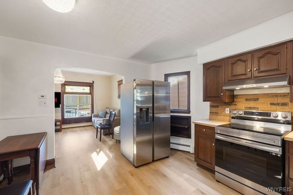 Chandelier, Interior, Kitchen, Stainless Steel Appliances, Wood Texture Flooring