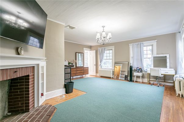 Chandelier, Fireplace, Home Office, Interior, Wood Texture Flooring