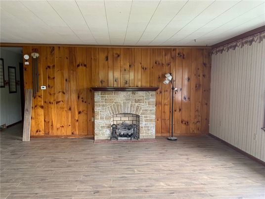 Empty room, Fireplace, Interior, Wood Texture Flooring, Wooden Walls