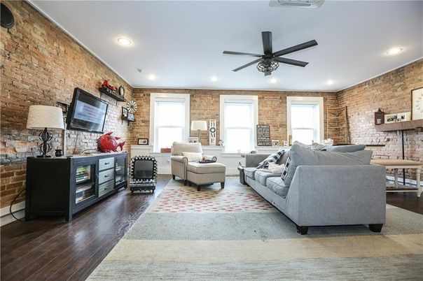 Interior, Living room, Recessed Lighting, Stone Walls, Wood Texture Flooring