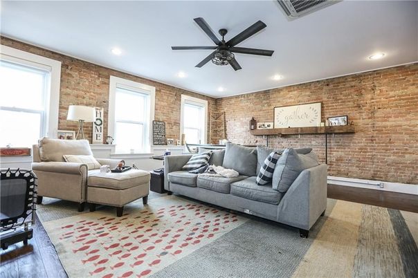 Interior, Living room, Recessed Lighting, Stone Walls, Wood Texture Flooring