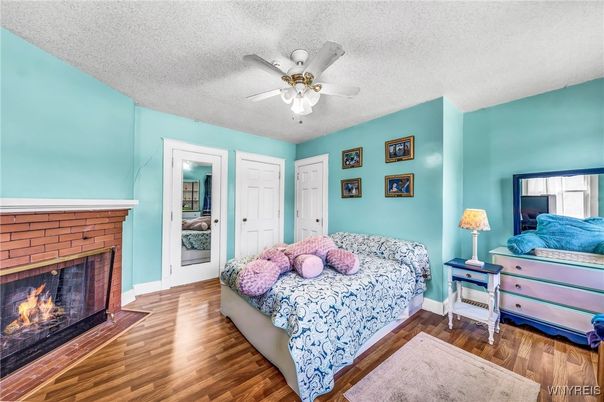 Bedroom, Fireplace, Interior, Wood Texture Flooring