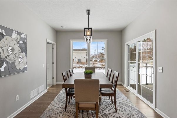 Dining room, Interior, Pendant Lights, Wood Texture Flooring