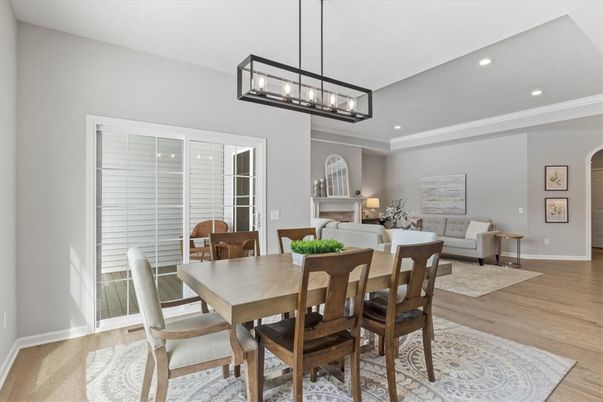 Chandelier, Dining room, Interior, Living room, Pendant Lights, Recessed Lighting, Wood Texture Flooring