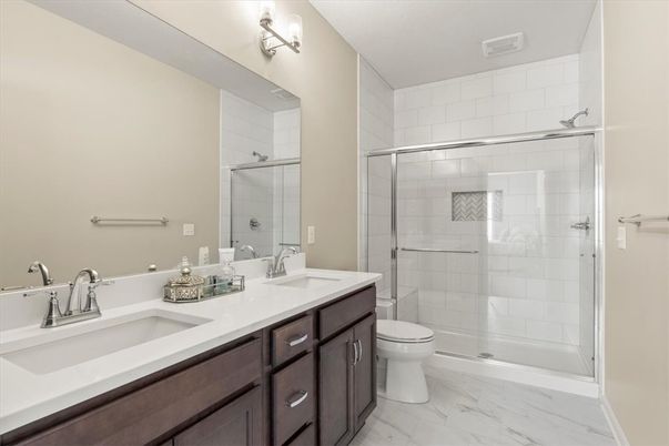 Bathroom, Dual Sink Vanities, Glass Shower, Interior, Marble