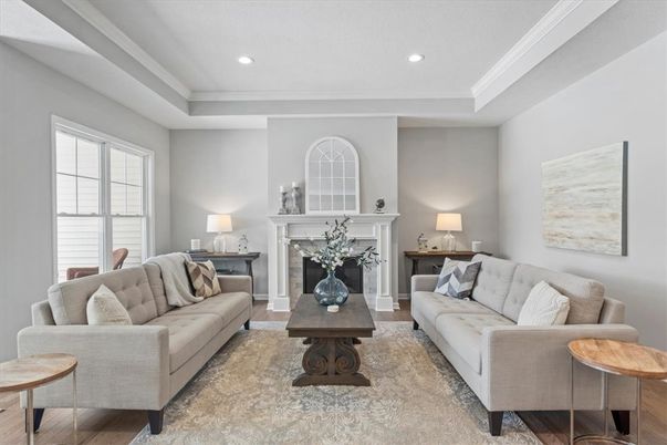 Fireplace, Interior, Living room, Recessed Lighting, Wood Texture Flooring