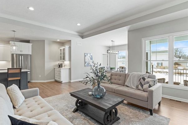 Dining room, Interior, Kitchen, Living room, Pendant Lights, Recessed Lighting, Stainless Steel Appliances, Wood Texture Flooring
