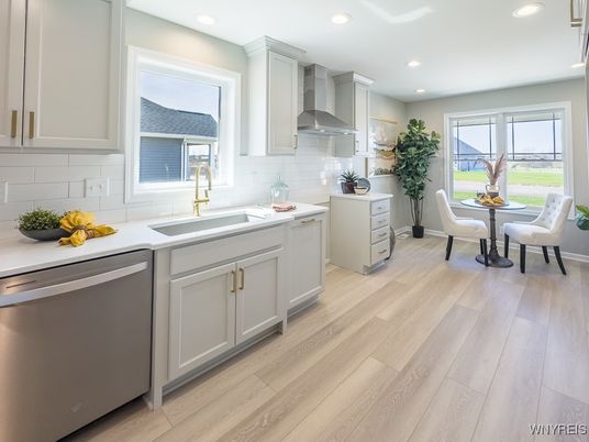 Dining room, Interior, Kitchen, Recessed Lighting, Stainless Steel Appliances, Wood Texture Flooring