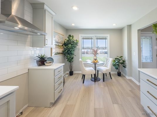 Dining room, Interior, Kitchen, Recessed Lighting, Stainless Steel Appliances, Wood Texture Flooring