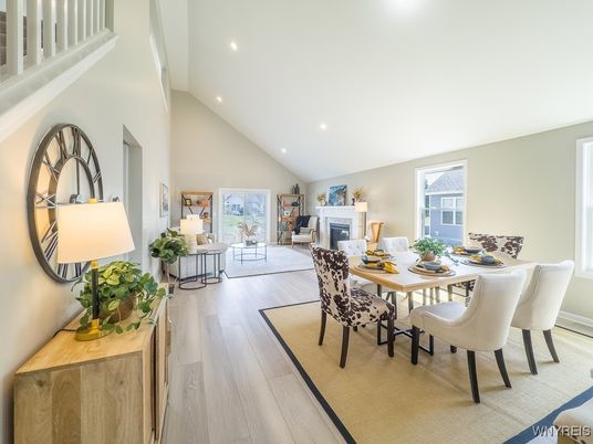 Dining room, Fireplace, Interior, Recessed Lighting, Wood Texture Flooring