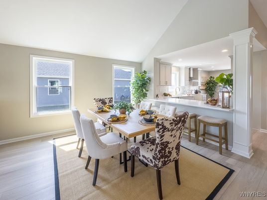 Dining room, Interior, Kitchen, Recessed Lighting, Wood Texture Flooring